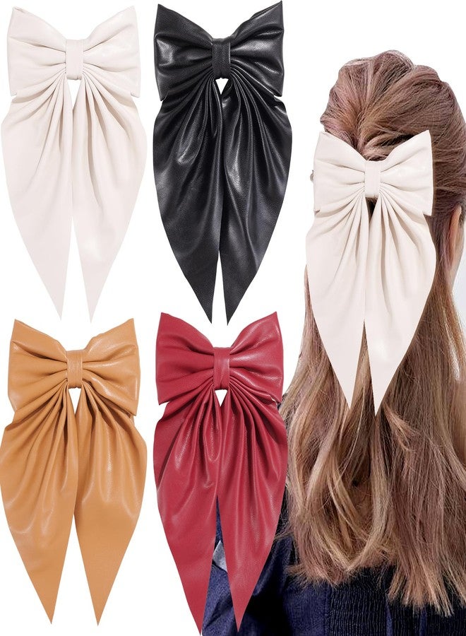 oneye Large Bow Hair Clips for Women Leather PU Hair Bows Hair Ribbon Clips with Long Tail Big Bow Metal Barrettes Hair Accessories for Women Girls with 4PCS - Image 1